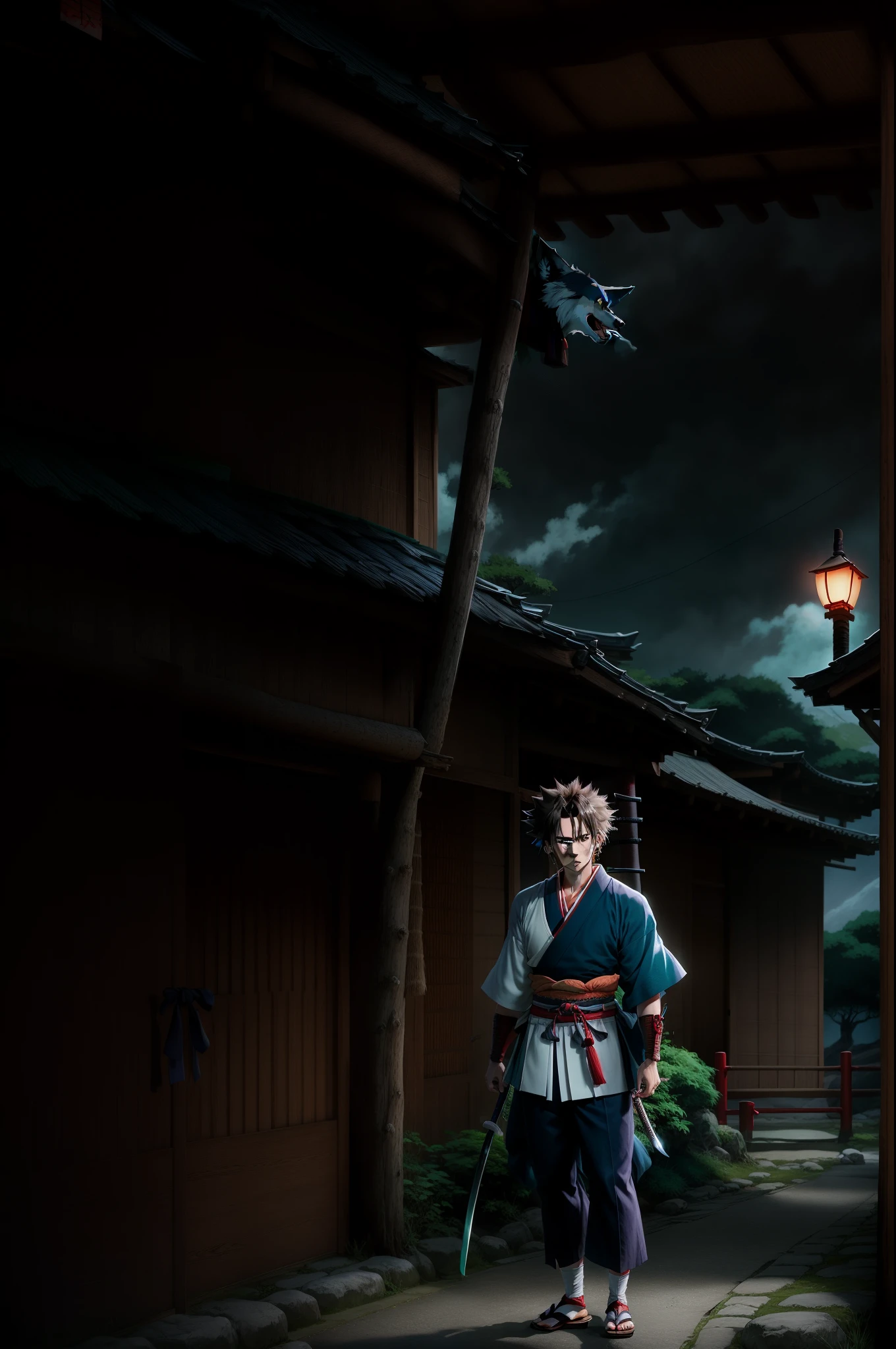 Anime boy, pale skin, blonde wolf cut hair, blue/green eyes, full body, in the style of samurai Champloo