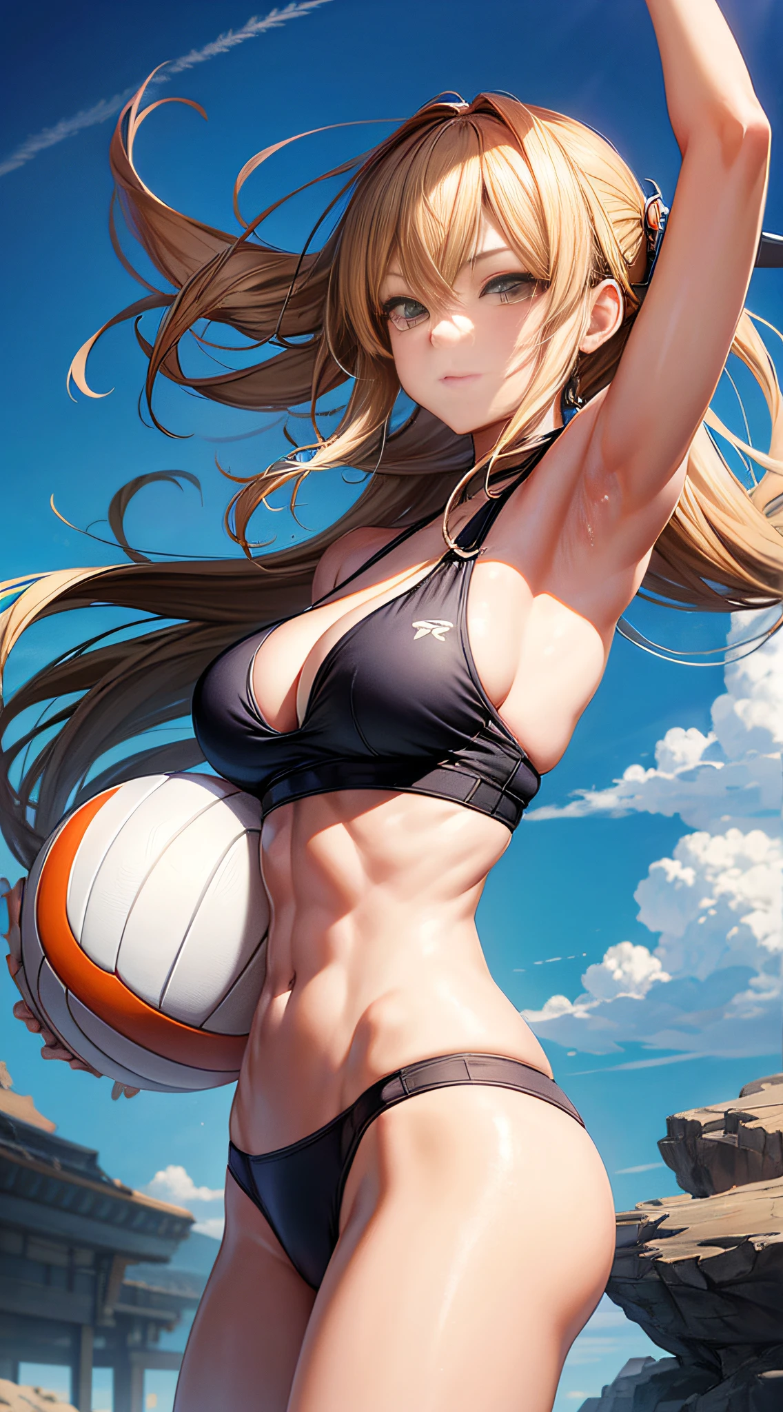a drawing of a woman holding a volleyball ball, an anime drawing, by Shitao, pixiv, shin hanga, a blond, range murata and artgerm, asuka suit under clothes!, anime style illustration, workout, swift, ps, with abs, ad image