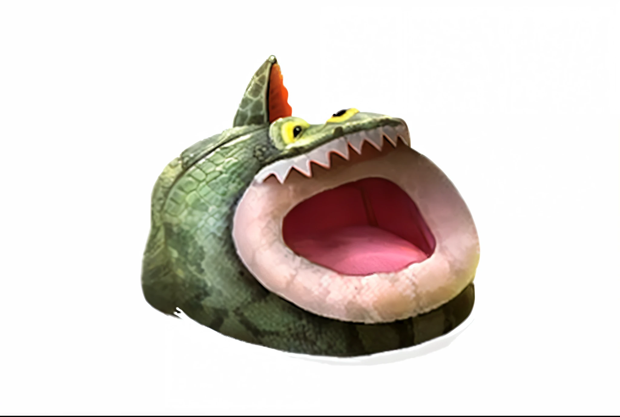 There is a stuffed animal sitting on a white surface, Big mouth with teeth, Dragon's mouth, Toucan, lizardlike tongue, Worm round mouth, snake mouth, crocodile loki, ( ( ( aquarium bed ) ) ) ), Worm mouth, smaller mouth, The demons, big, full mouth, Pudge in Dota 2, Giant mouth, scaly dog