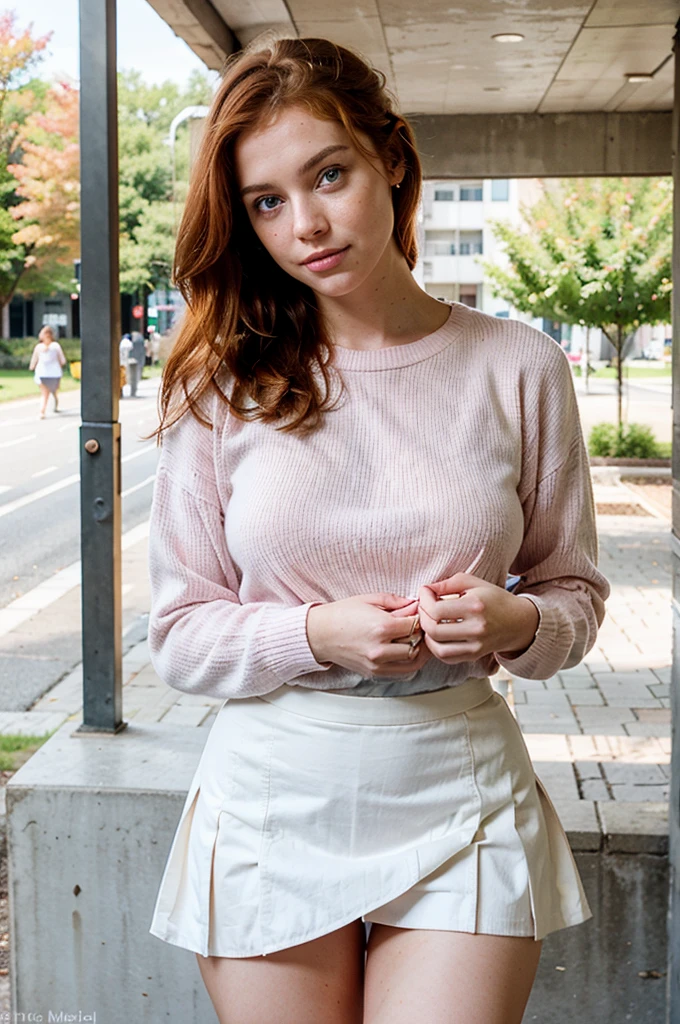 photo of a ginger woman, medium large breasts, large thighs, fully clothed, in public, white skirt, pink sweater, slight smile,, (freckles:0.8) cute face, detailed eyes, blue eyes