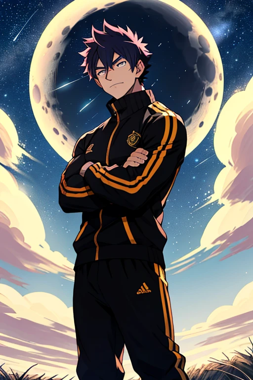 Draw a full-fledged footballer,Standing on the steppe at night,He was wearing a tracksuit,The man looks confident and determined,looking-down,Crew cut,full bodyesbian,Stars dot the sky,shooting from below,Big moon highlights background, Natsu Dragneel