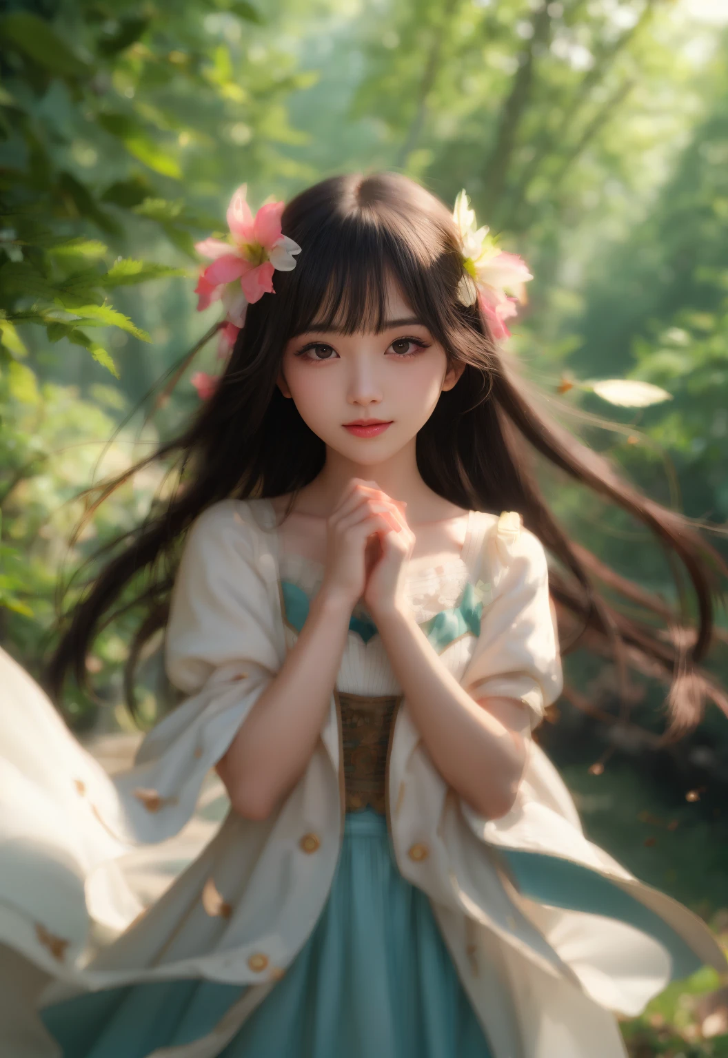 girl in a forest with floating flowers, river, puffy, puffy cheeks, cute,
vibrant colors, colorful art style,
soft lighting, soft shadows, detailed textures, dynamic lighting,
nice hands, perfect hands,