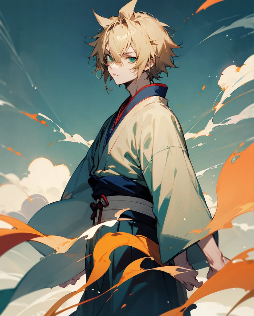Anime boy, pale skin, blonde shaggy hair, blue/green eyes, in the style of samurai Champloo