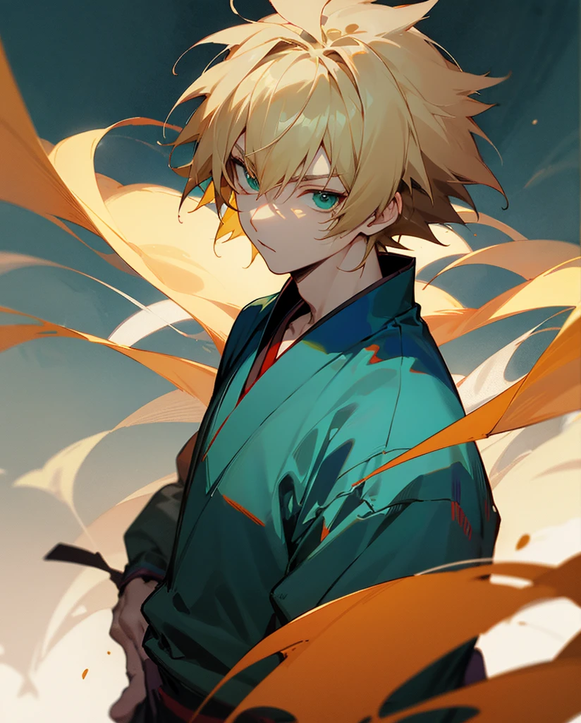 Anime boy, pale skin, blonde shaggy hair, blue/green eyes, in the style of samurai Champloo