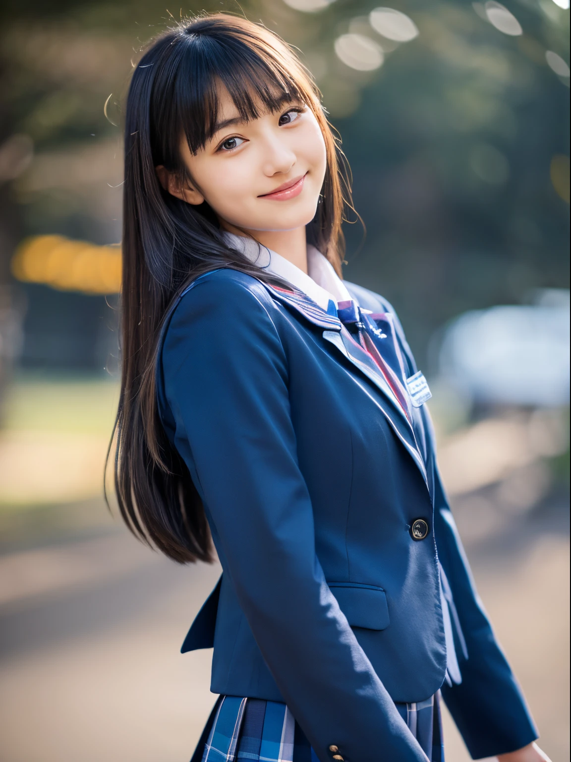 A 16-year-old high school student as cute as an idol、高校の制服はCleavageが見えるデザイン、Cleavage、mini skirt、Crouching、With legs apart、I can see your pants、Young cute face、Smiling Kindly、whole body、RAW Photos、Genuine、Real、realism、Raw photo、High resolution、Life、No copyright notice