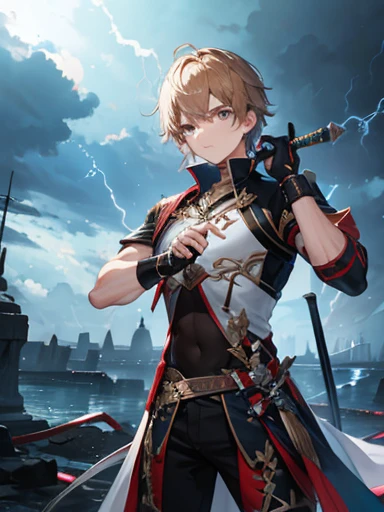 male,grab swords,background thunderstorm