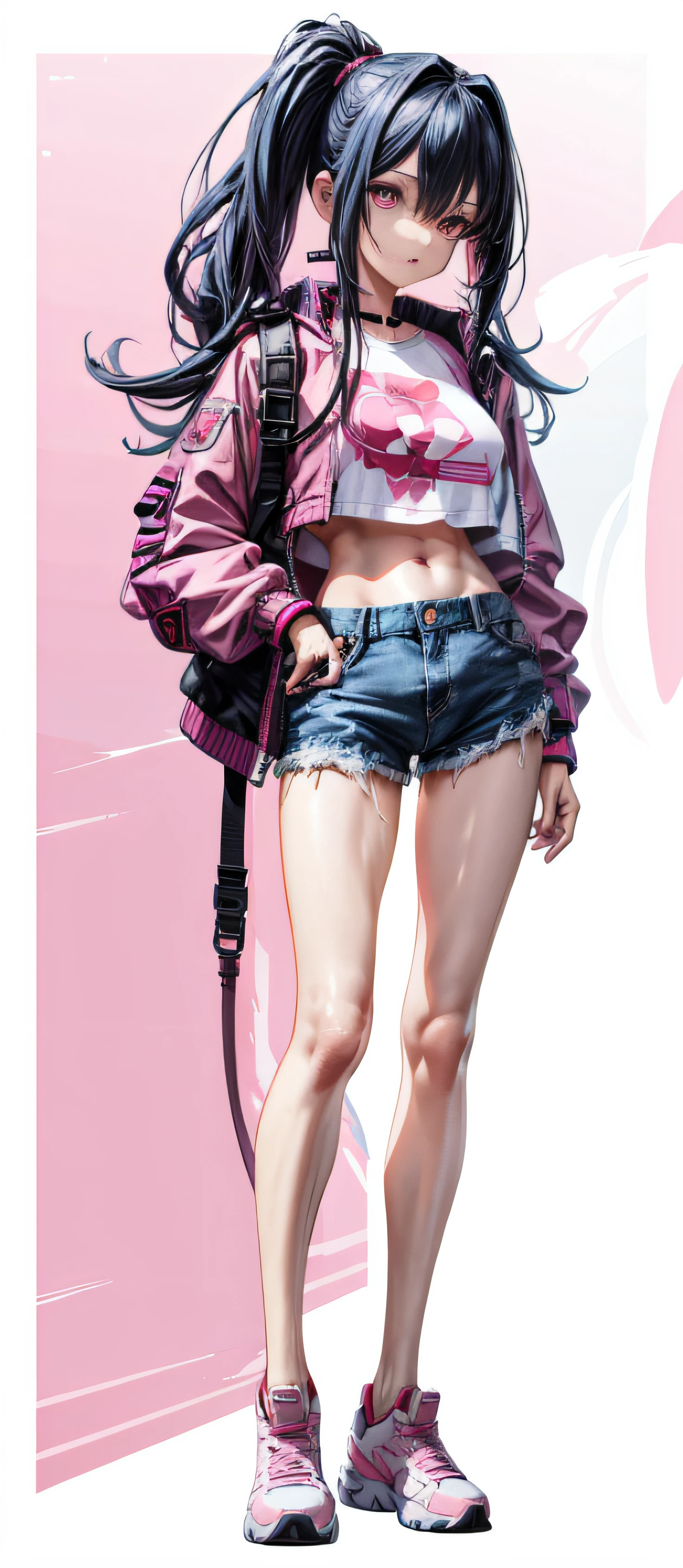 Cartoon character of woman wearing pink jacket and denim shorts, full body detailing, Full body figures, short full body portrait!, Anime style 3D, The protagonist, full-body portraits, full length character, Anime style characters, A single character full body, unrealistic character concept, Produced by Anime Painter Studio, A female character, fully body photo