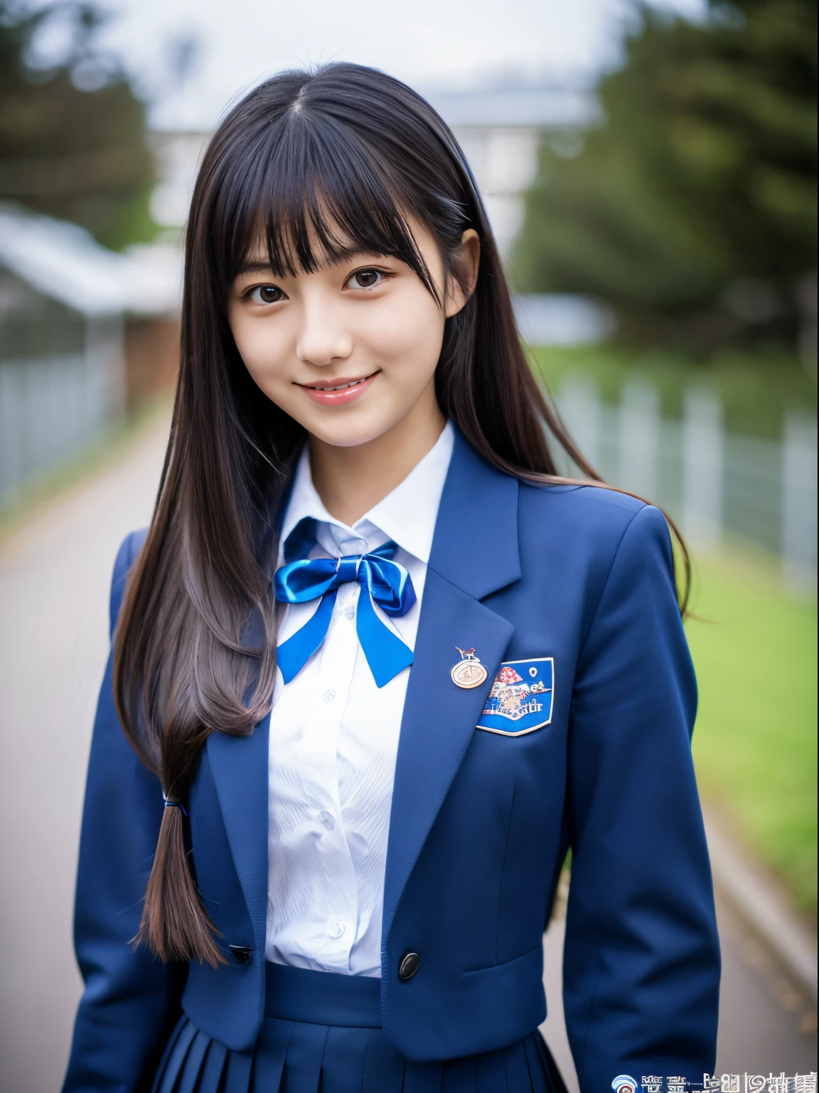 ((Masterpiece)), 8k, highest quality, 1 girl, solo, beautiful face, gentle expression, real, cute, dark blue skirt, dark blue ribbon, dark blue blazer uniform, (Japanese high school girl), Smile, ((turns around and looks at camera)), long hair, normal chest, full body shot,