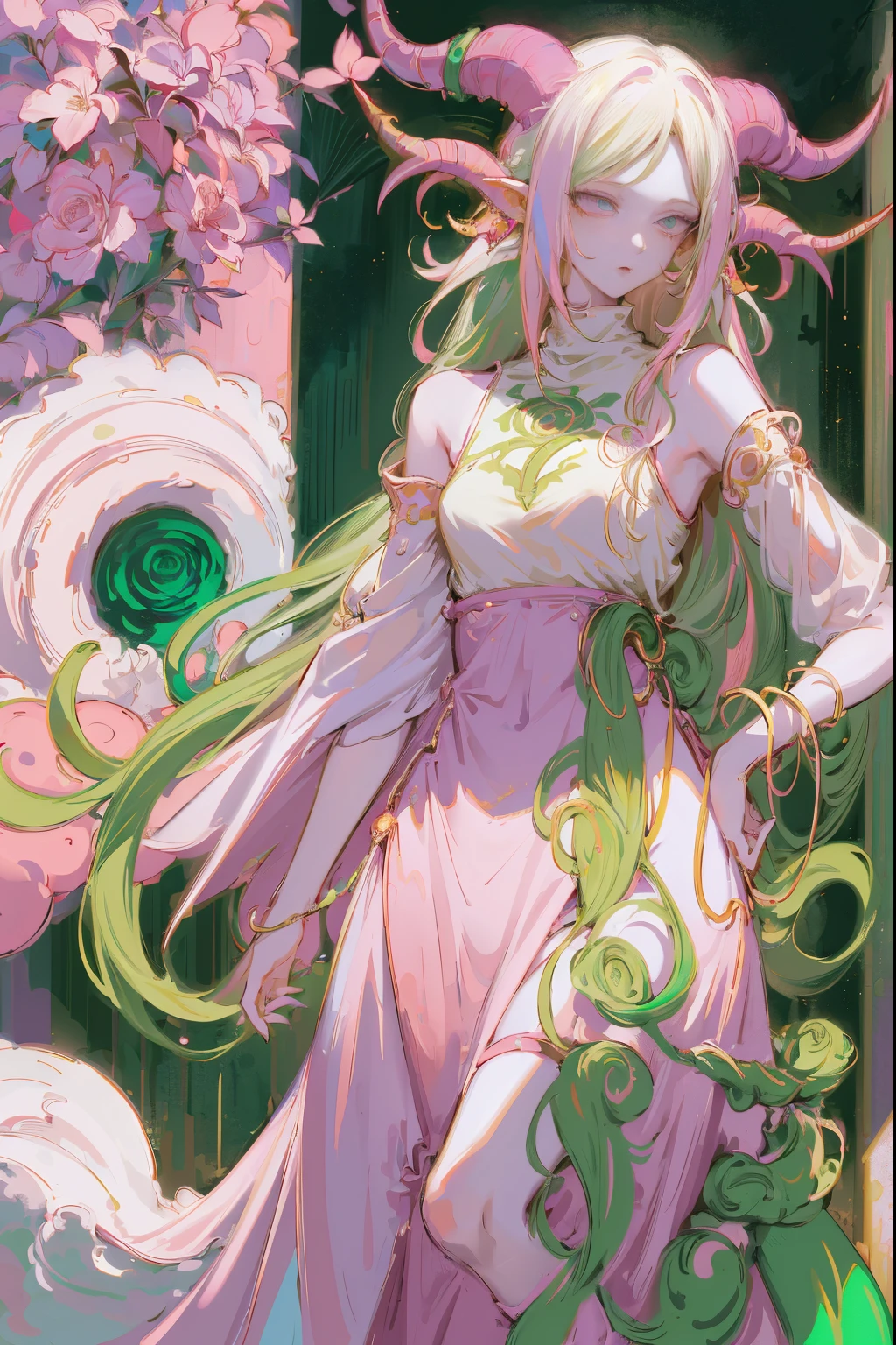 Designed by nty, A woman is, Professional t-shirt design vector,Tokar, 8K, hyper HD, Albino demon girl standing, colorful clothes, shot from far away, (largeeyes, Eyes are delicate and beautiful, Beautiful and delicate face, Details on the face), ( Green curls:1.3) , pink rose bush, winking ,(long and complex horns:1.2) Sneakers with socks, white backgrounid, Complicated details, coloured background, Abstract