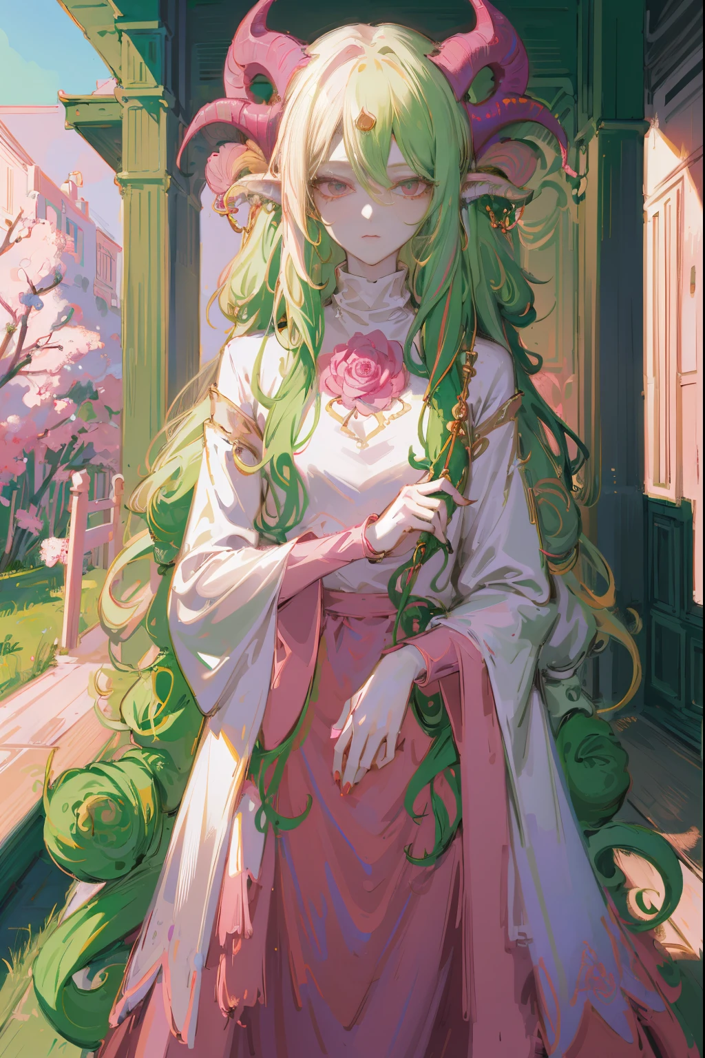 Designed by nty, A woman is, Professional t-shirt design vector,Tokar, 8K, hyper HD, Albino demon girl standing, colorful clothes, shot from far away, (largeeyes, Eyes are delicate and beautiful, Beautiful and delicate face, Details on the face), ( Green curls:1.3) , pink rose bush, winking ,(long and complex horns:1.2) Sneakers with socks, white backgrounid, Complicated details, coloured background, Abstract