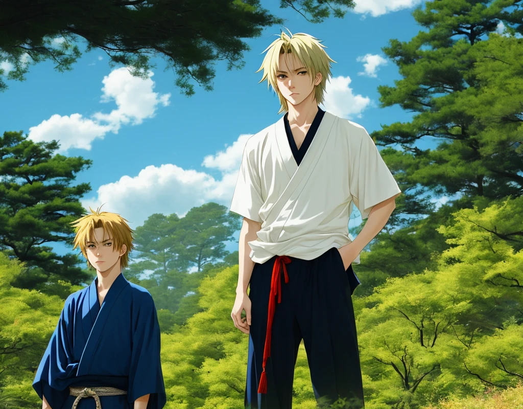 Anime boy, pale skin, blonde shaggy hair, blue/green eyes, in the style of samurai Champloo