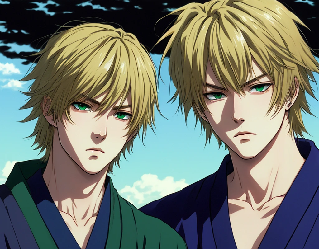 Anime boy, pale skin, blonde shaggy hair, blue/green eyes, in the style of samurai Champloo