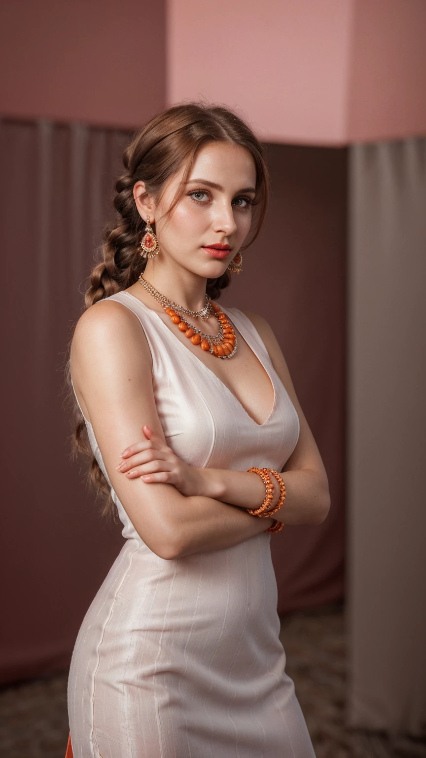 Braid hair, (RAW photo, realism: 1.8), (very Orange lip gloss, jet orange lipstick, many eyelashes, dark Orange eye shadow, very shy, very blushing, high quality, high resolution, blond brown shiny hair, depth of field, chromatic aberration, caustic, wide light, natural colors, 30 year old woman), necklaces, chokers, earrings, bracelets, wear many accessories, wearing traditional Patiala Suit, silk pink drees, silk blue drees, silk magenta drees, color dress, and white hijab, woman small breast, soft skin, fair Orange skin, slim nose, beautiful eyes, The Casual Hip Stance poses, 8k results, high resolution, realistic,