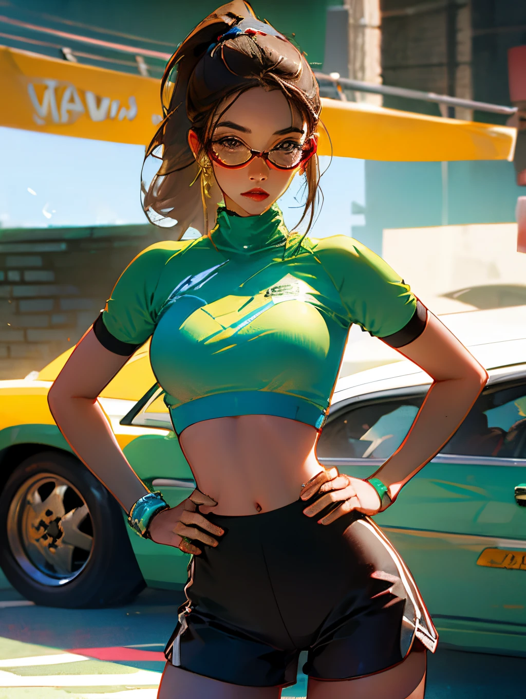 Girl, brown hair, ponytail, Mexican, brown eyes, square glasses, beautiful, crop top, short shorts