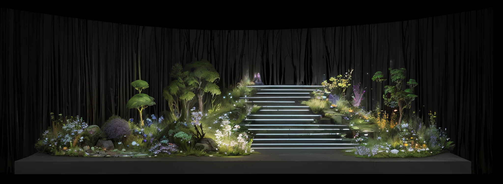 in a limited underground garden, Luminous design, dream landscape,fog atmosphere,glowworm, Hallucinogens, trippy visuals, Inspired by Larry D. Alexander, Lucid dreaming series, Original and creative landscape, inspired by Li Di, digital landscape art, underground lake,vegetative people,Lots of greenery,small flower,optics