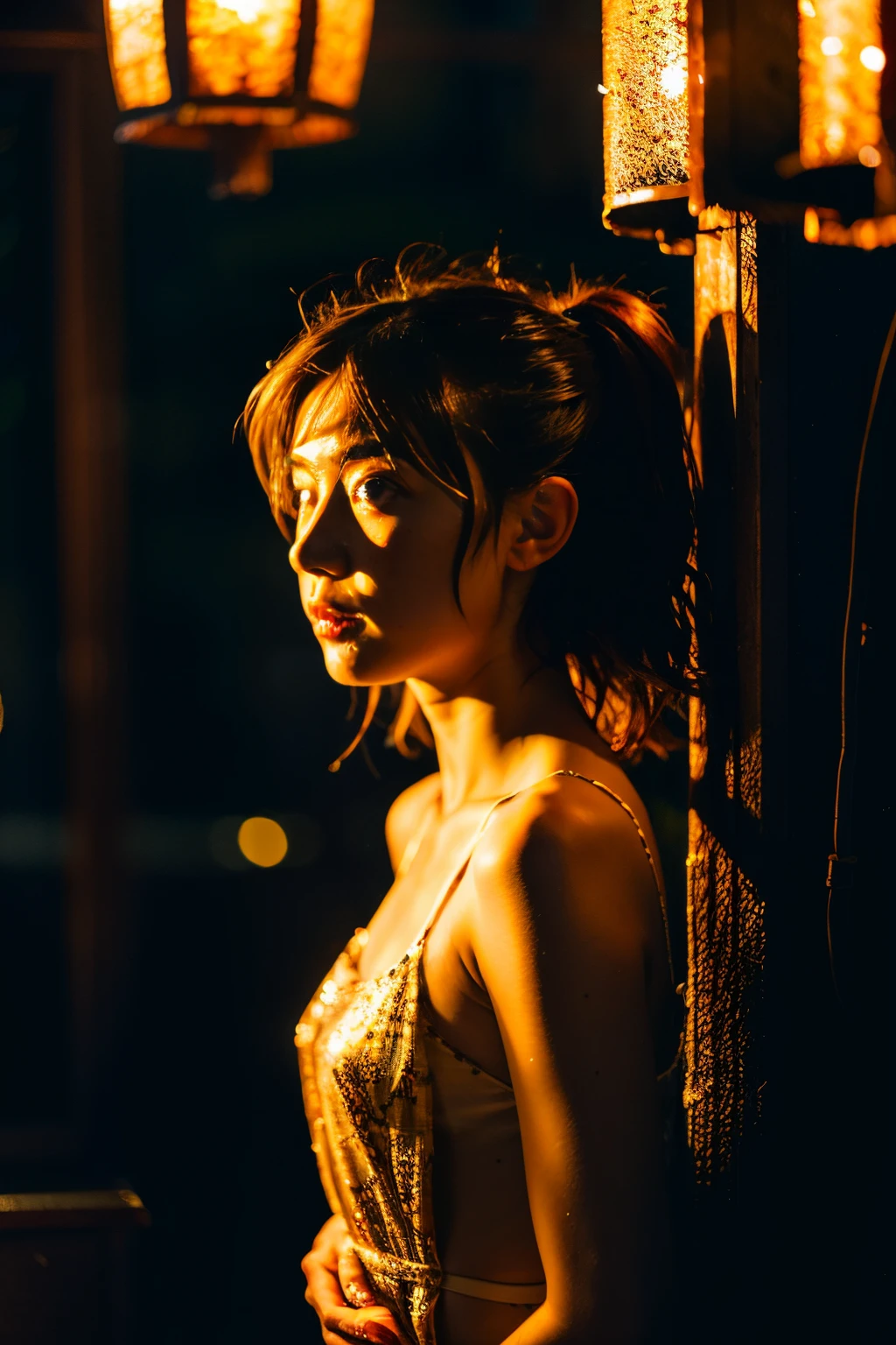 {Top quality}, {{Masterpiece}}, {Superbly delicate and beautiful}, Outstanding light and shadow, Highly detailed wallpaper, Night, Firelight, One girl, Frowning, Messy hair, Realistic skin texture, ,Rainforest, Tight waist, Freckles,