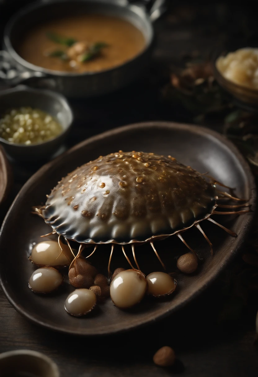 Roasted Thai horseshoe crab、Half of the plate was filled with countless tiny horseshoe crab eggs.、unusual dishes、