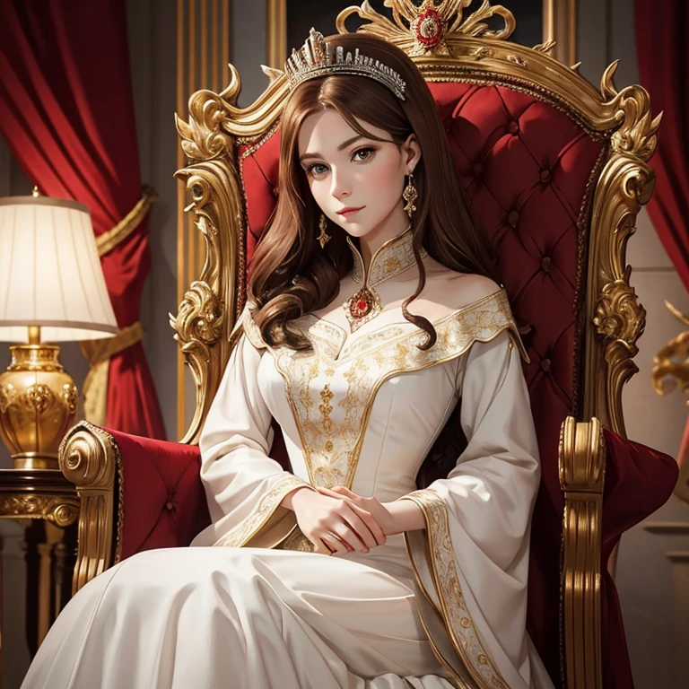 1 lady, portrait of the empress, crown, red eyes, brown hair, white dress, royal family, elegant, pretty , front focus, focus eyes, details, sit in throne, mantle, 30 year old lady, castle, charisma