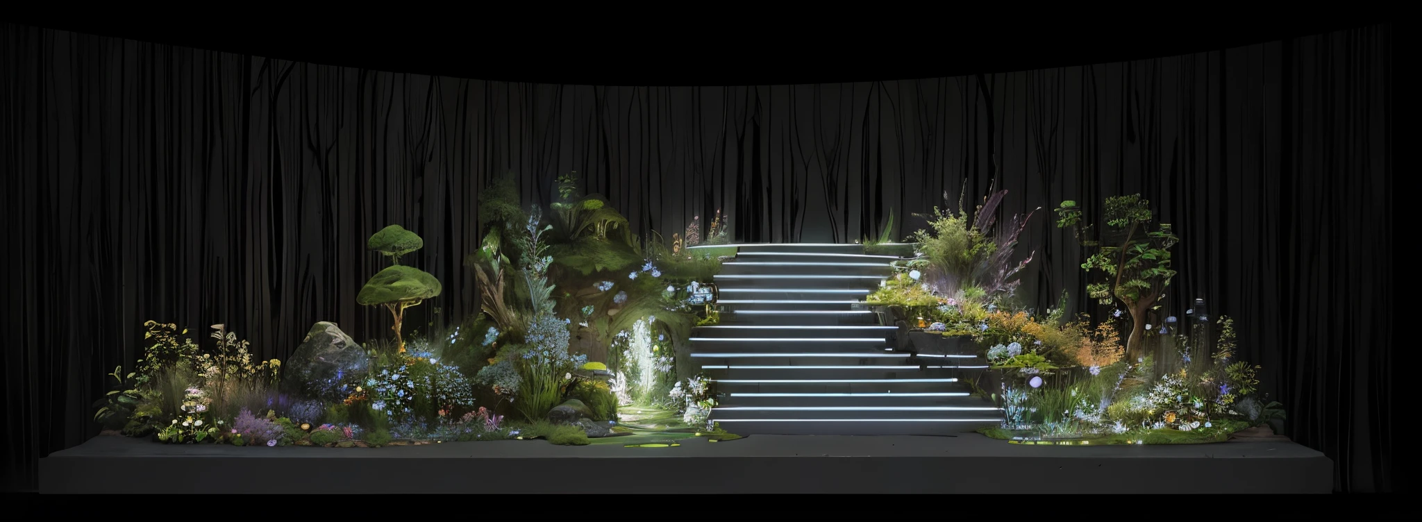 in a limited underground garden, Luminous design, dream landscape,fog atmosphere,glowworm, Hallucinogens, trippy visuals, Inspired by Larry D. Alexander, Lucid dreaming series, Original and creative landscape, inspired by Li Di, digital landscape art, underground lake,vegetative people,Lots of greenery,small flower,optics