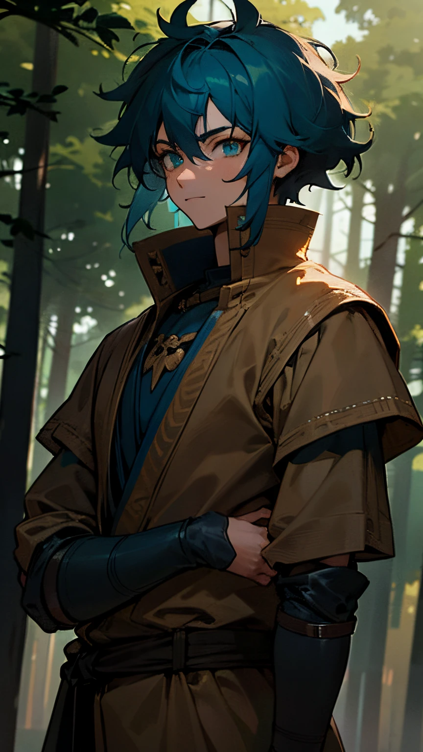 Male character, solo, dark blue hair, wolfcut messy hairstyle, adult, ninja, short hair, spiky down hair, messy hair, cyan eyes, medieval outfit, poor knight, fighting clothes, cool, ikemen, handsome, aesthetic, illustration, anime artstyle, masterpiece, best quality, calm personality, detailed, 1man, professional artwork, digital art, chill, basic expression, adult, irresistible, gorgeous, looking you, pure art, situational scene, scenario, 4k, hd, wolf style, looking happy, lovely, confused, clumsy, tall, dark and beige clothes, outdoors, forest