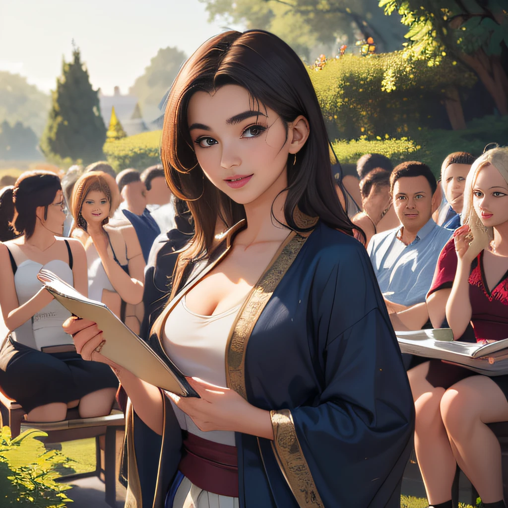 (extremely detailed 8K wallpaper:2), (photo:2), (22 years old Xuan Beautiful girl:2), (gives a lecture to friends:2), Detailed (Face & Eyes), (hyper realistic:1), (Highly detailed:1), (Epic Realistic:1), rim light, (Maximum details:1), Cosy, (body complet:1.3), (looking a viewer:2), (Attractive qualities of a woman:2), (attractive female:2), (Attractive:2), Smile, intelligence, sympathy, Grace, A sense of style, Fitness, Care, optimism, (sensitivity:2), frankness, Romantic gestures, playfulness, Fashion Sense, (sensuality:2), charm, modesty, Thoughtfulness, (femininity:1), flirtatiousness, warmth, (Physical Attractiveness:2), beautiful smile, Love of Life, Strength and power, Vulnerability, curiosity, wonder, Love, (Nature's prehistory:2), Kawaii, waifu, beautiful breasts, (attractive body:2), (handsome body:2), BEAUTIFUL POSE, attractive pose, (nice feet:1.0), (beautiful clothing:1), (Classic clothes:2), (elegant clothing:2), (European Clothing:2), detailed clothes, (upskirt:1), (blouse:1), (provocative pose)