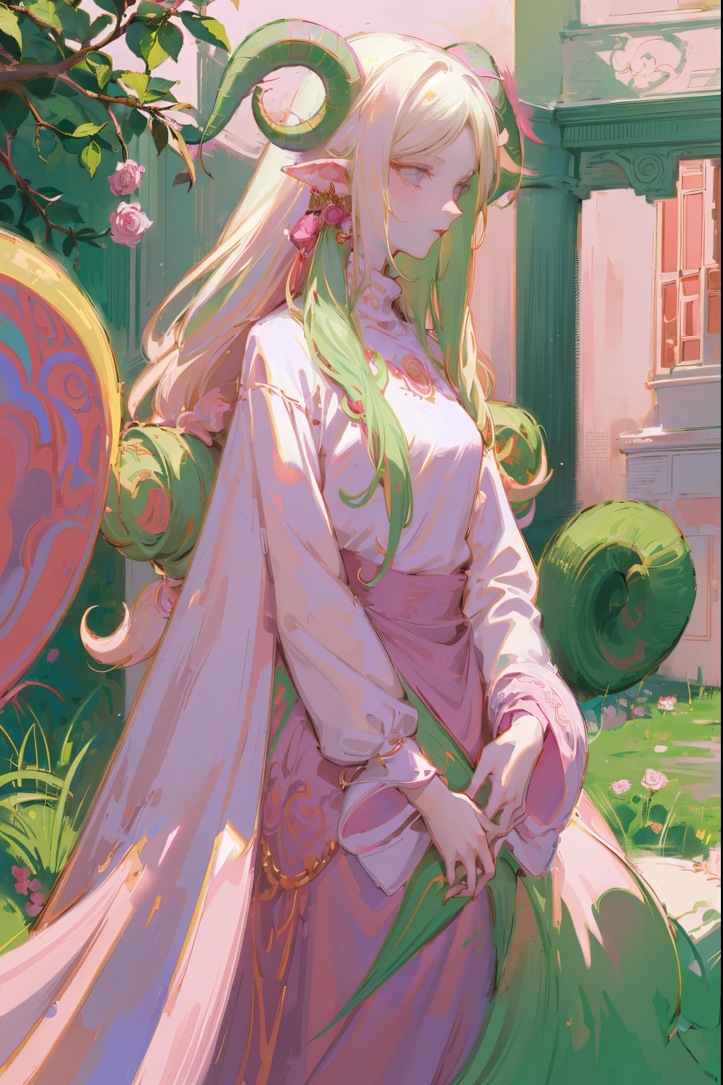 Designed by nty, A woman is, Professional t-shirt design vector,Tokar, 8K, hyper HD, Albino demon girl standing, colorful clothes, shot from far away, (largeeyes, Eyes are delicate and beautiful, Beautiful and delicate face, Details on the face), ( Green curls:1.3) , pink rose bush, winking ,(long and complex horns:1.2) Sneakers with socks, white backgrounid, Complicated details, coloured background, Abstract