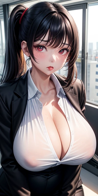 Alone, 1 plump girl, face expressionless，Stick out her tongue,  arms folded, cabelos preto e longos, pony tails, side locks, red eyes, Eyes are bright, Bright pupils, Black suit, blouse with a white collar,  Black pants, office space, Office interior, llight rays,Exposing cleavage