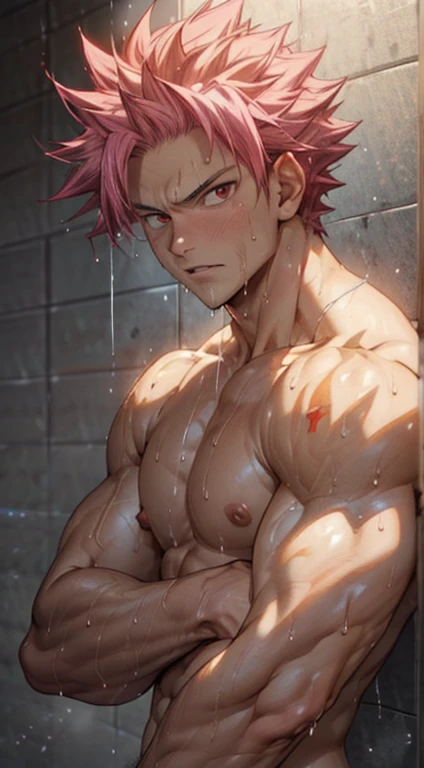 masterpiece, best quality red eyes, game cg, 1boy adult man, rugged adult face, solo, male focus, looking at viewer, upper body, Natsu Dragneel natsu_dragneel, pink hair, red eyes, shirtless naked, toned muscle, pectorals, 8 abs, toned legs, ((naked flaccid and )), slightly bulged, bathroom shower, detailed, dynamic lighting, well lit, ((wet body))
