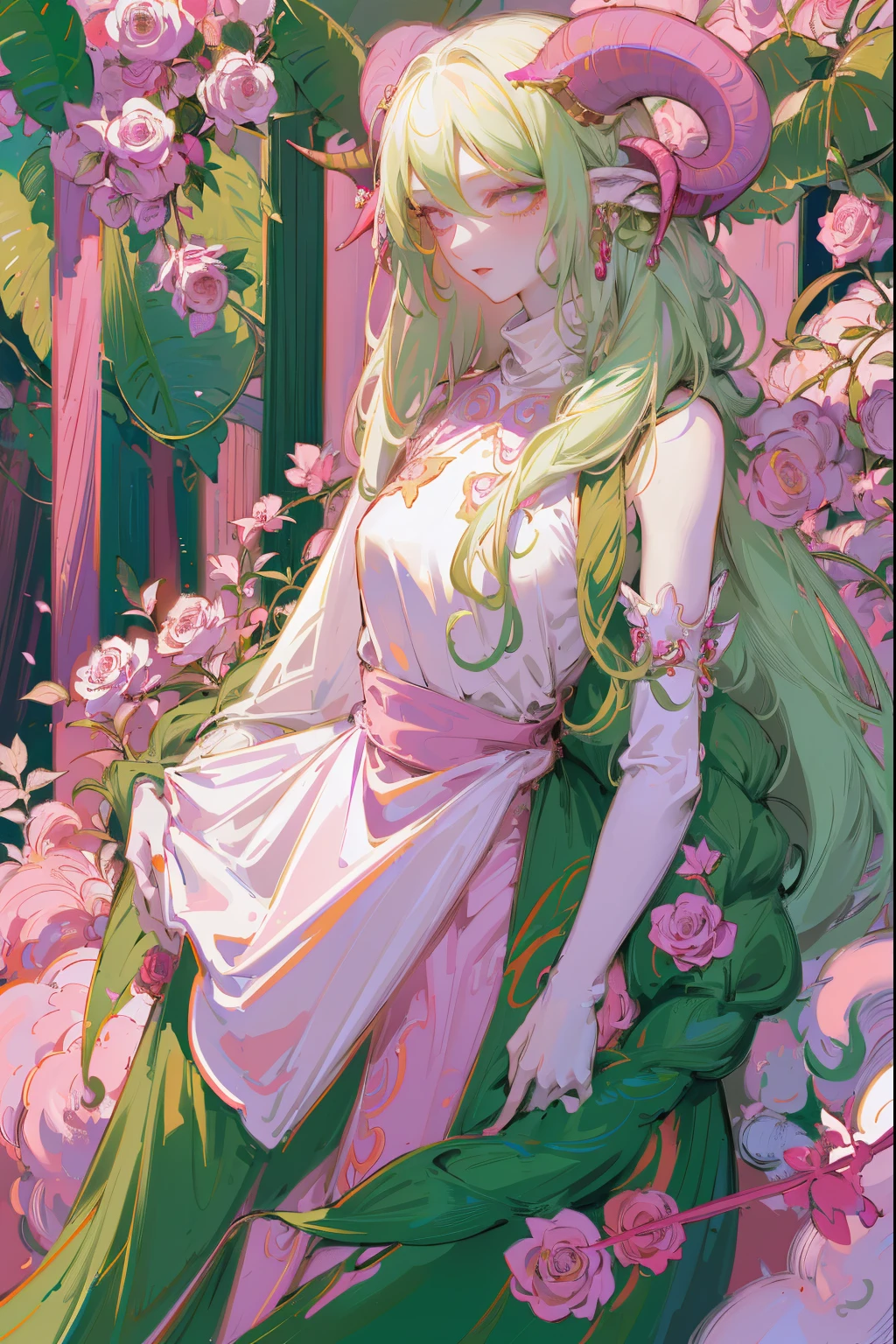 Designed by nty, A woman is, Professional t-shirt design vector,Tokar, 8K, hyper HD, Albino demon girl standing, colorful clothes, shot from far away, (largeeyes, Eyes are delicate and beautiful, Beautiful and delicate face, Details on the face), ( Green curls:1.3) , pink rose bush, winking ,(long and complex horns:1.2) Sneakers with socks, white backgrounid, Complicated details, coloured background, Abstract
