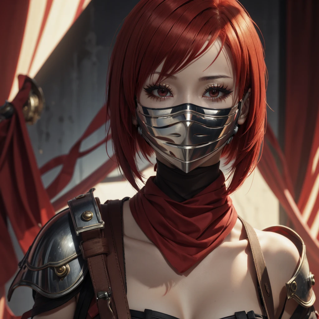 Female, Bright Red Hair, Masterpiece, Anime Realism, Cover over eyes, bandaged eyes, safe for work, artwork, metal armor, bandage eyes, bandaged eyes, eye cover, short hair, cut hair, masquerade mask, mask.