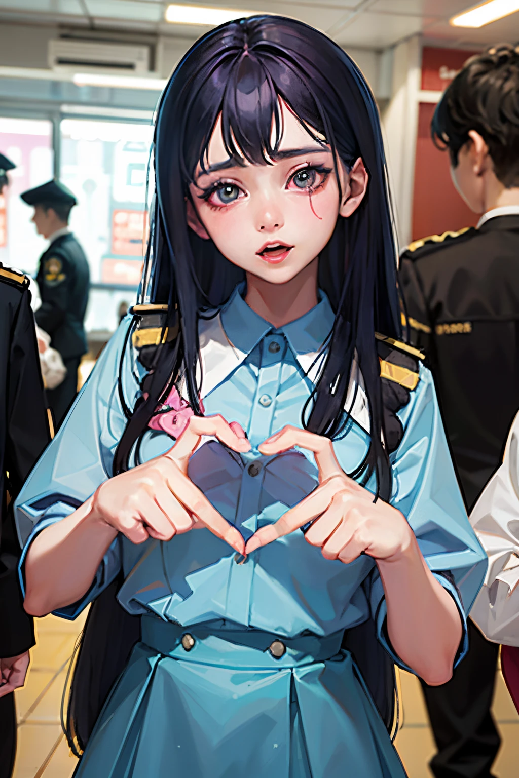 arafed woman in uniform making a heart with her hands, sakimichan, jaeyeon nam, girl wearing uniform, ulzzang,  jk uniform, full heart - shaped face, korean girl, wearing rr diner uniform, belle delphine, cutecore, cute pilot girl, sakimi chan, park ji-min