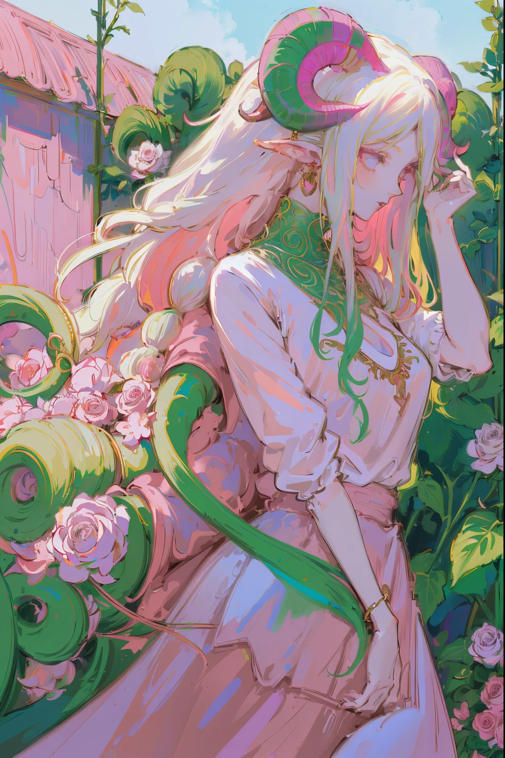 Designed by nty, A woman is, Professional t-shirt design vector,Tokar, 8K, hyper HD, Albino demon girl standing, colorful clothes, shot from far away, (largeeyes, Eyes are delicate and beautiful, Beautiful and delicate face, Details on the face), ( Green curls:1.3) , pink rose bush, winking ,(long and complex horns:1.2) Sneakers with socks, white backgrounid, Complicated details, coloured background, Abstract