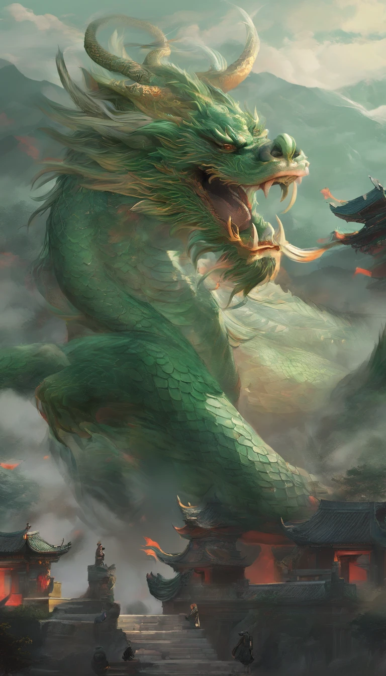 China-style,Chinese mythology,Chinese Green Dragon,dongquan,ferocious,immensity,Redness of the eyes,glowing effect,buliding,The medium scene is,Full body like, Highly detailed and hyper-realistic visuals,OC Render,