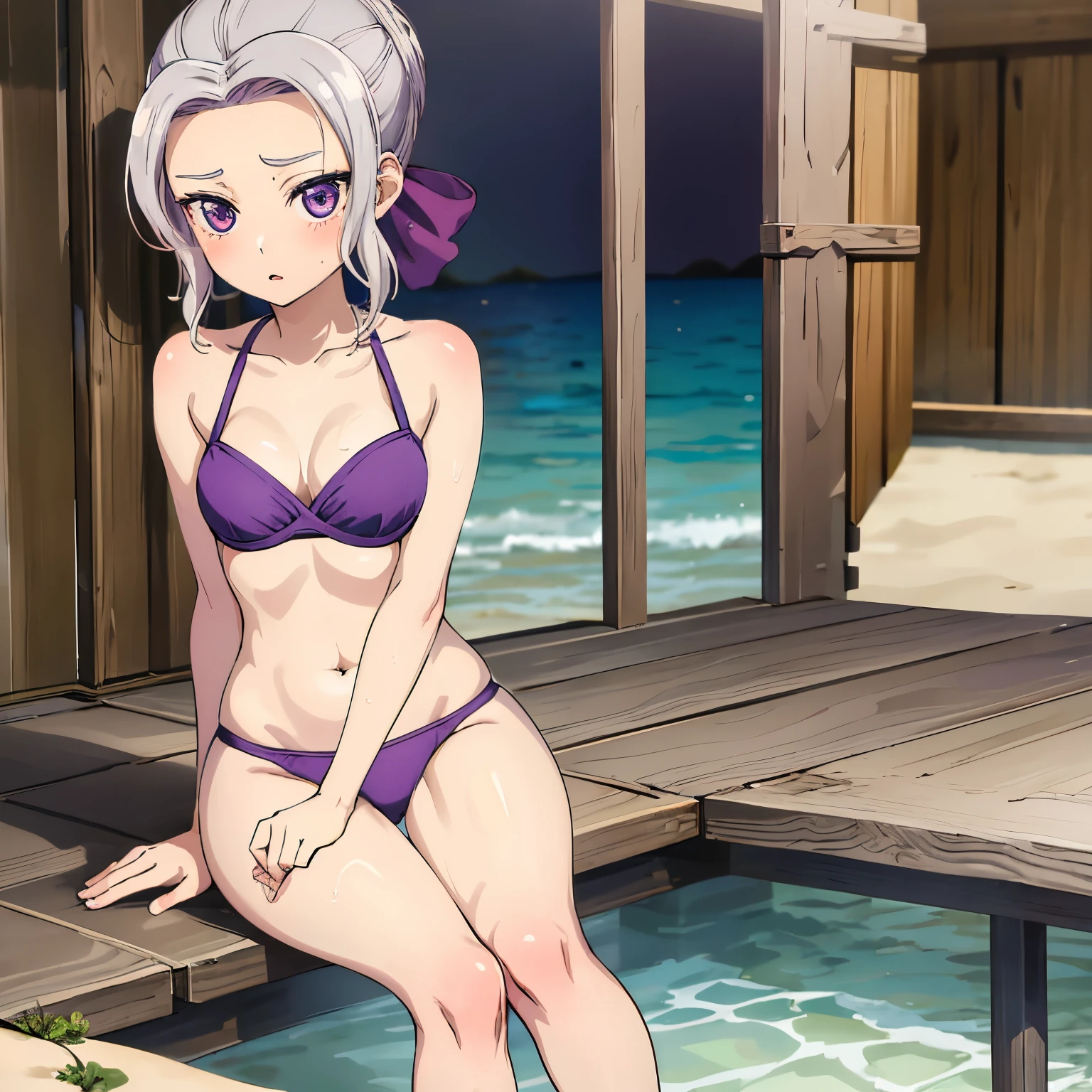 masterpiece, best quality, 1 girl, solo, , kiryuu shino, purple eyes, tsurime, eyelashes, gray hair, white hair, short hair, bun, single hair bun, split bangs, bangs with curtains, side locks, hair bow, purple bow small breasts, medium waist , medium hips, wide thighs, outdoors, ocean, beach, collarbone, purple bikini, purple bra, purple thong, bare shoulders, bare arms, navel, shiny skin, wet, looking at the viewer, sitting on the sand, legs open, blushing, surprised, seductive,:o