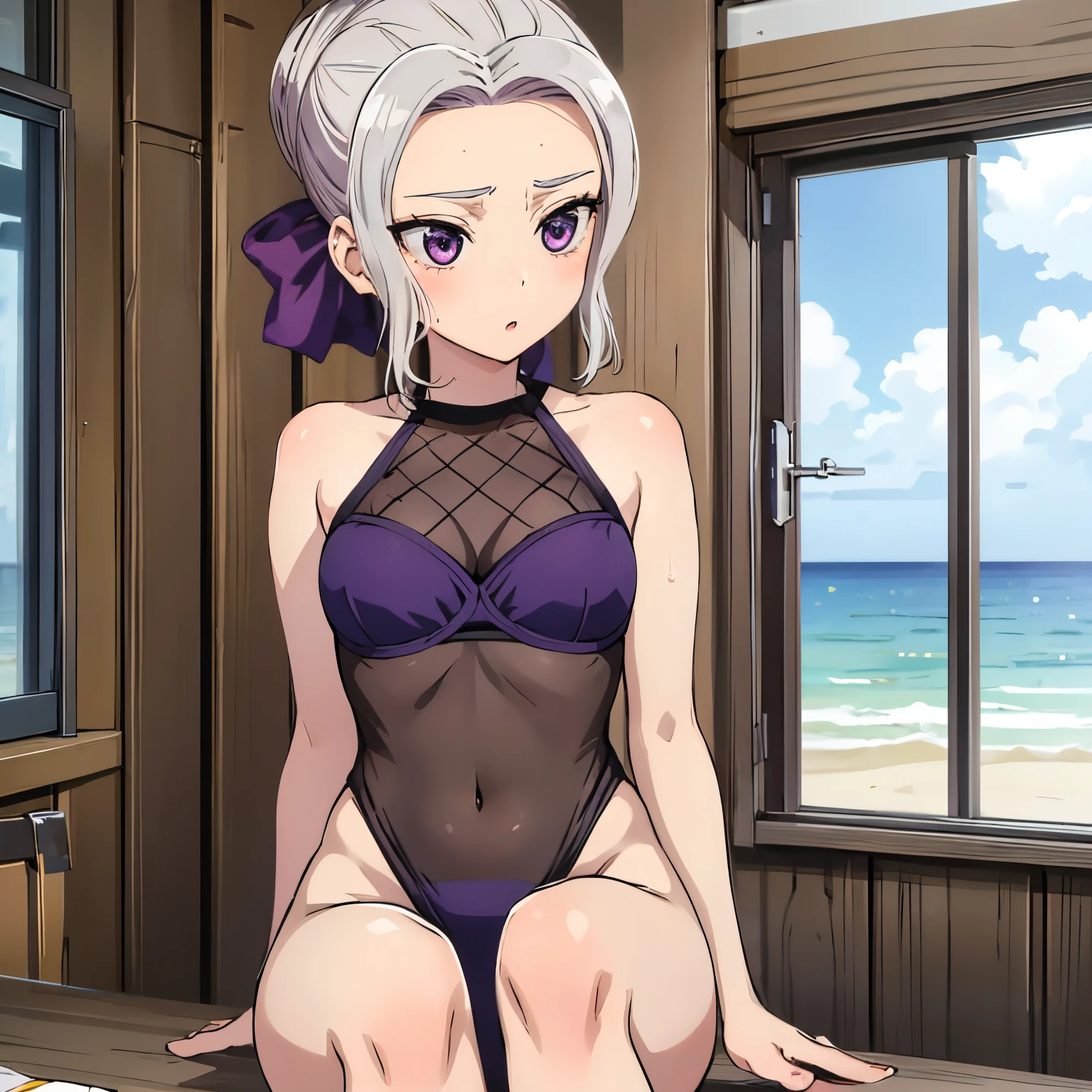 masterpiece, best quality, 1 girl, solo, , kiryuu shino, purple eyes, tsurime, eyelashes, gray hair, white hair, short hair, bun, single hair bun, split bangs, bangs with curtains, side locks, hair bow, purple bow small breasts, medium waist , medium hips, wide thighs, outdoors, ocean, beach, collarbone, purple bikini, purple bra, purple thong, bare shoulders, bare arms, navel, shiny skin, wet, looking at the viewer, sitting on the sand, legs open, blushing, surprised, seductive,:o