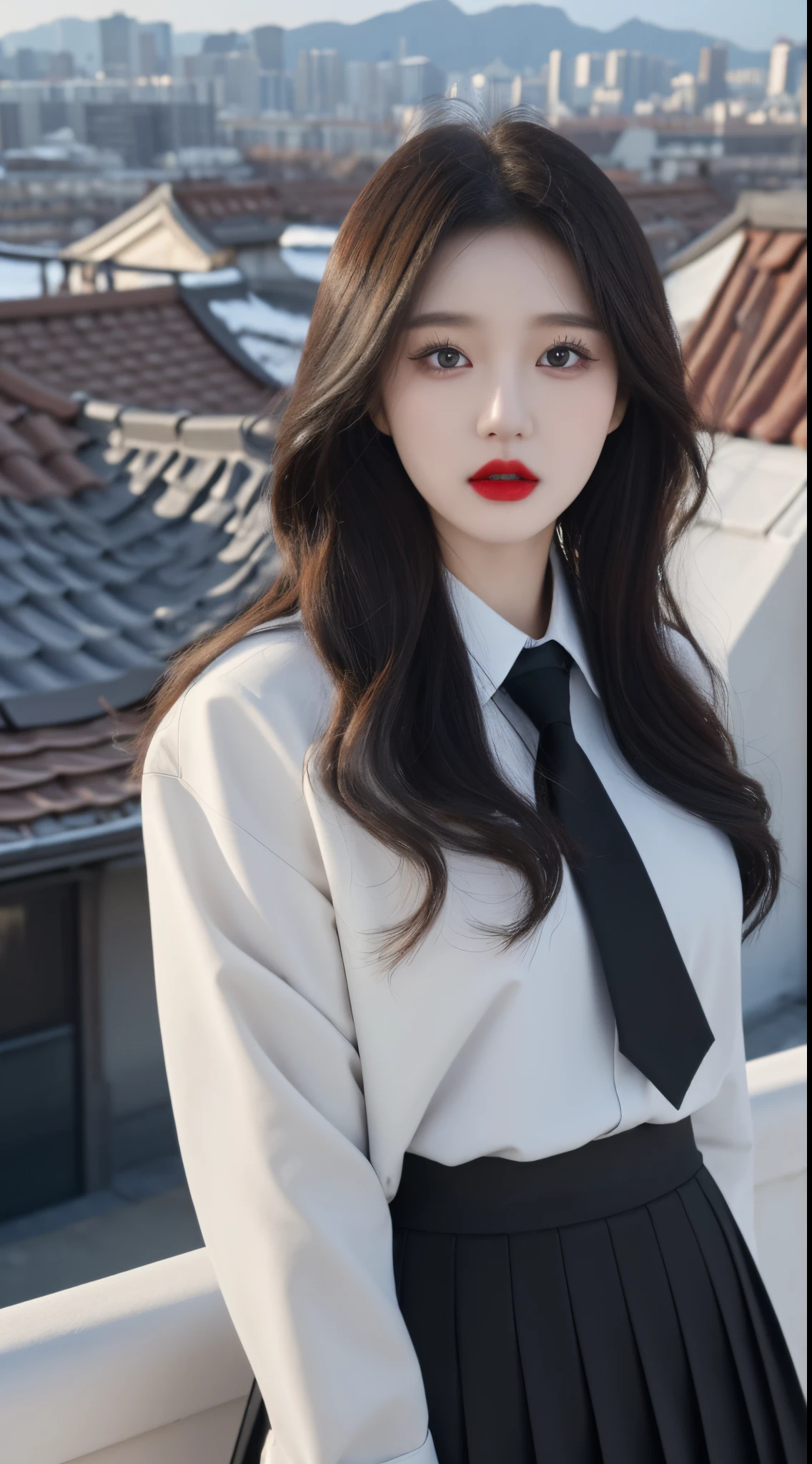 face to the viewer，Best quality at best，A high resolution，girl，独奏，wavey hair，Nice face，Redlip，Black JK uniform，pleatedskirt，high and cold，Standing on the roof，looking at the camera in，Close-up of people，bust