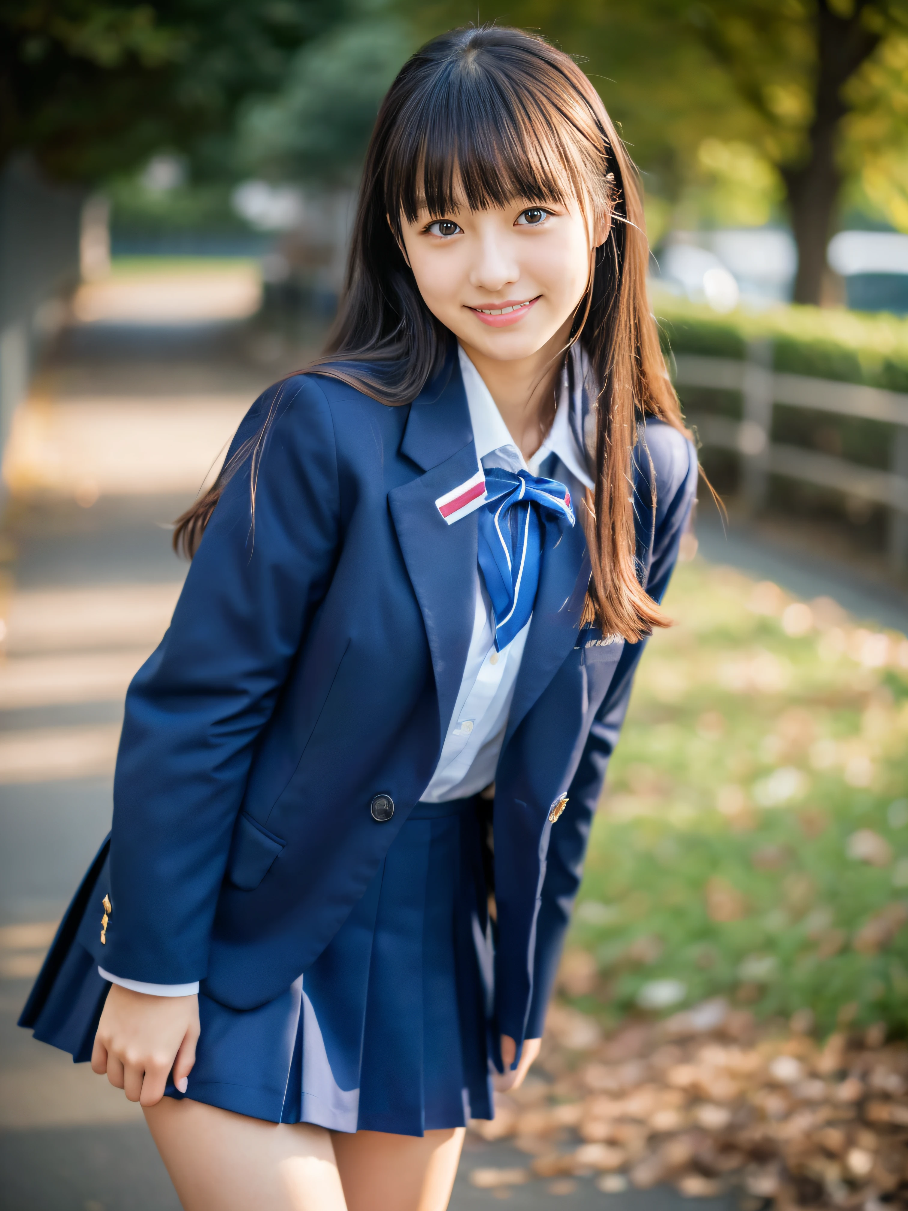 ((masutepiece)), 8K, Highest Quality, 1 girl, Solo, Beautiful face, Gentle expression, Realistic, Cute, Dark blue short skirt, Dark blue ribbon, Dark blue blazer uniform, (Japanese high school  girl), Smile, ((looking in camera)), Long hair, Full body shot,