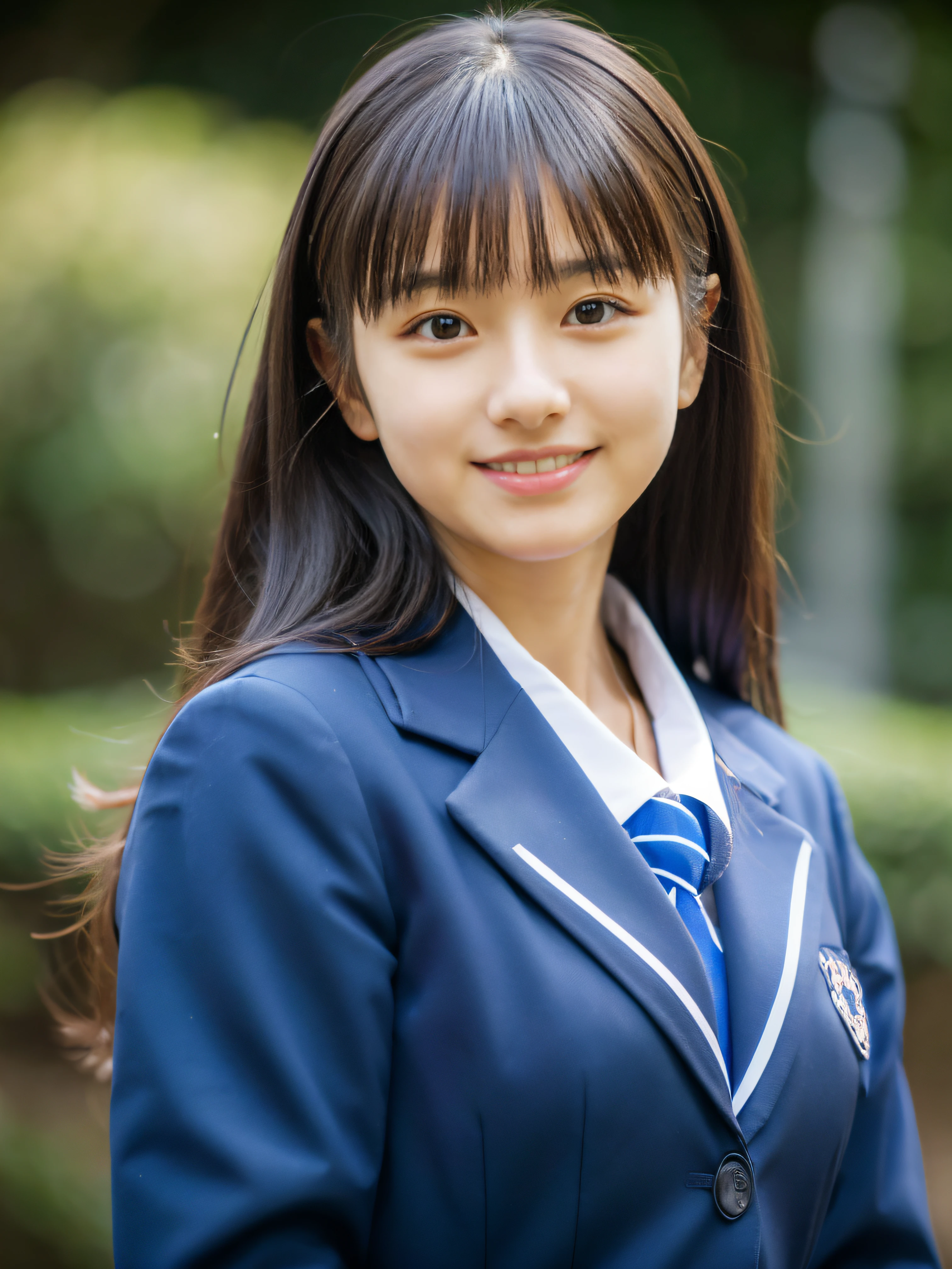 ((masutepiece)), 8K, Highest Quality, 1 girl, Solo, Beautiful face, Gentle expression, Realistic, Cute, Dark blue short skirt, Dark blue ribbon, Dark blue blazer uniform, (Japanese high school girl), Smile, ((looking in camera)), Long hair, Full body shot,