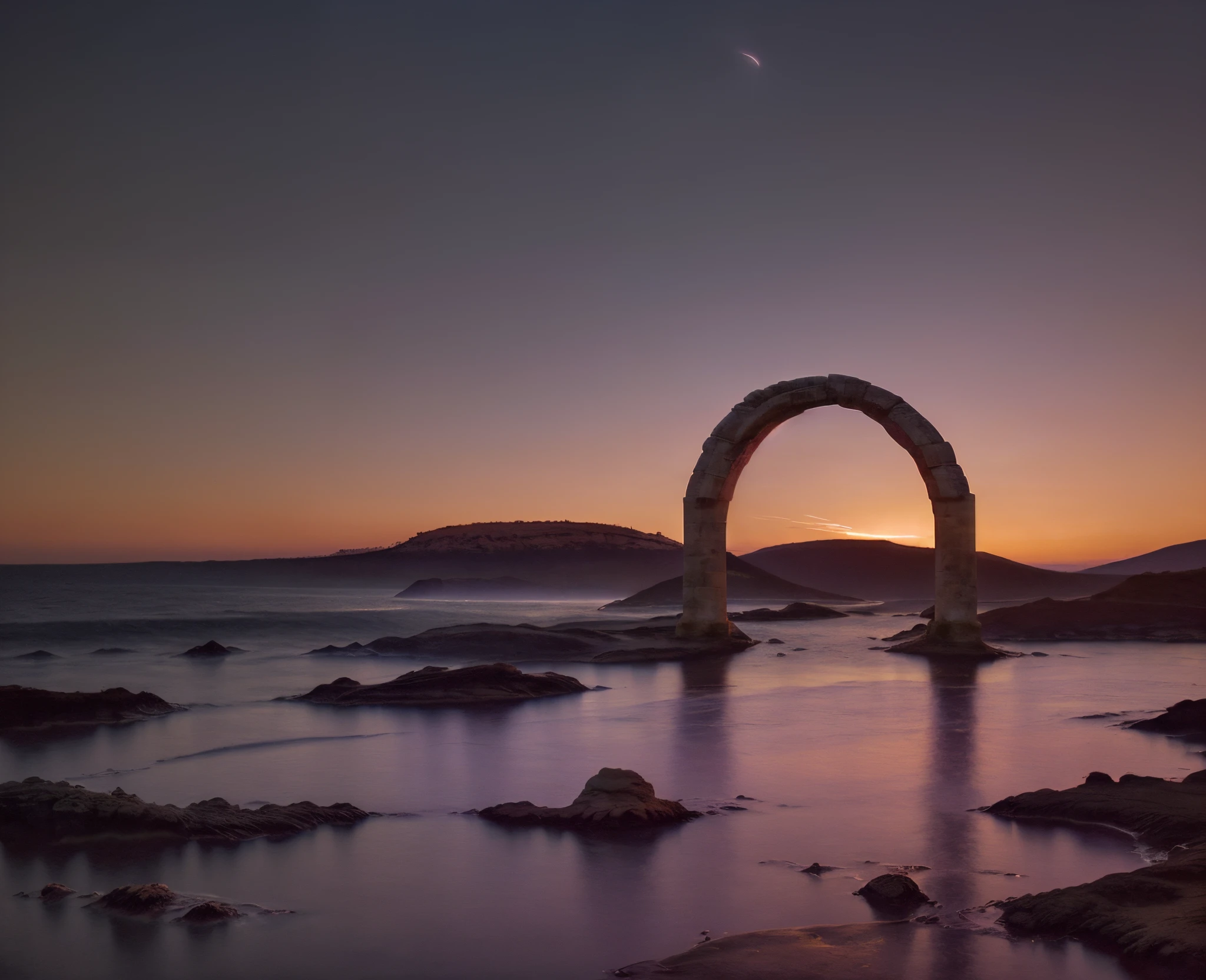 A gently glowing Twilight Arch, an arc of light that appears in the sky after sunset or before sunrise. This particular image is a photograph capturing the ethereal beauty of the arch against a backdrop of darkening or brightening skies. The graceful curve of the arch is framed by soft, pastel hues, seamlessly blending oranges, pinks, and purples. The delicate light seems to dance within the arch, casting a warm, tranquil glow. This stunning image immerses viewers in the captivating serenity of a fleeting moment that evokes a sense of tranquility and wonder.