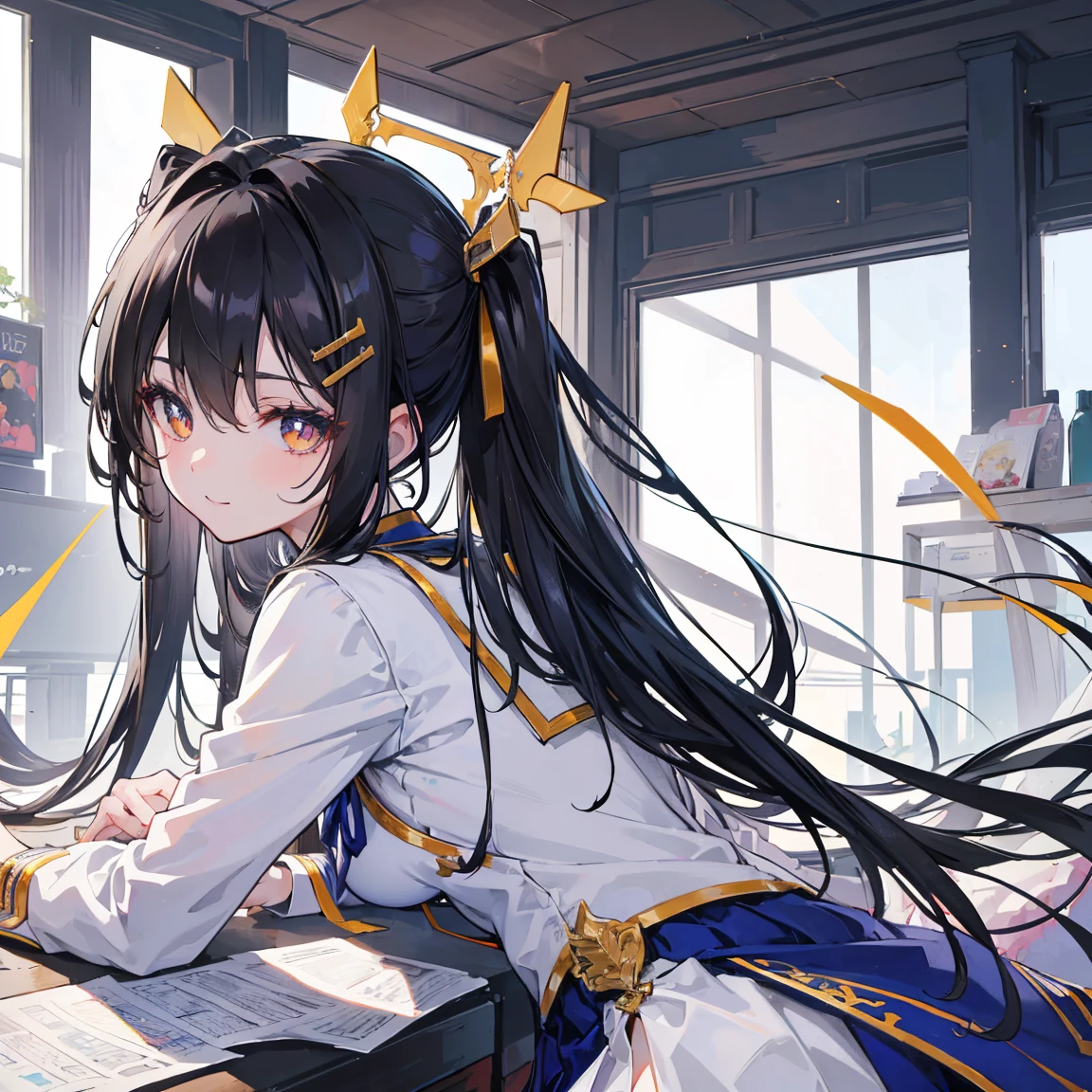 (Piece masuter,Best Quality,Ultra-detailed), (Character Sheet:1.2),full - body, school uniform, frontal view, side glance, seen from behind, golden eyes, glowing pupils, Delicate hair decorations, long straight black hair, Two-tailed, bow ribbon, Bright smile, high school uniform, Look-up table, NFFSV, ccurate, super detaill, SolidBackground, higly detailed, 4k,Dagger Decoration,The same character