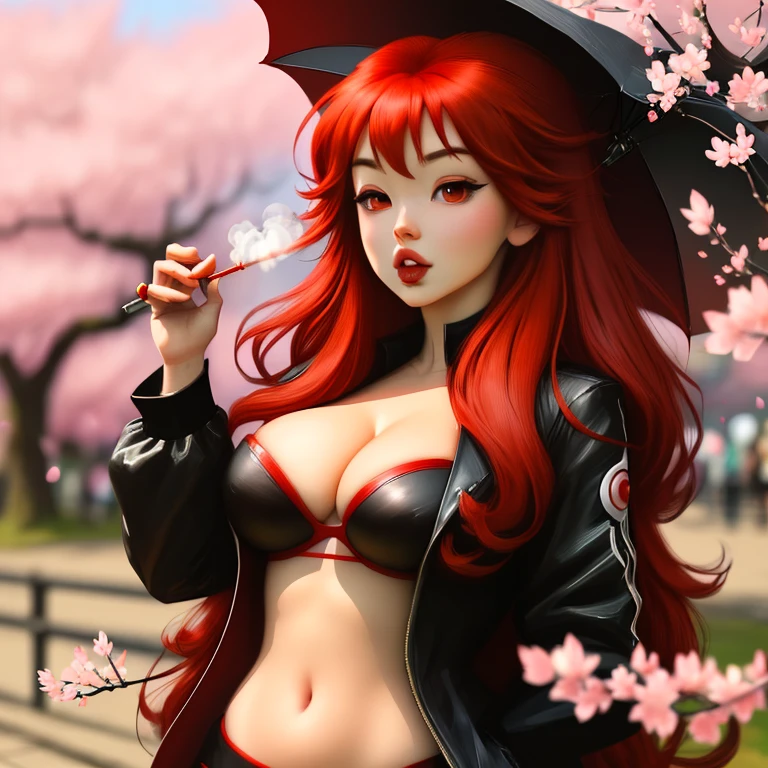 Rias gremory, red hair, big breasts, smoking a joint, cherry blossom background, wallpaper