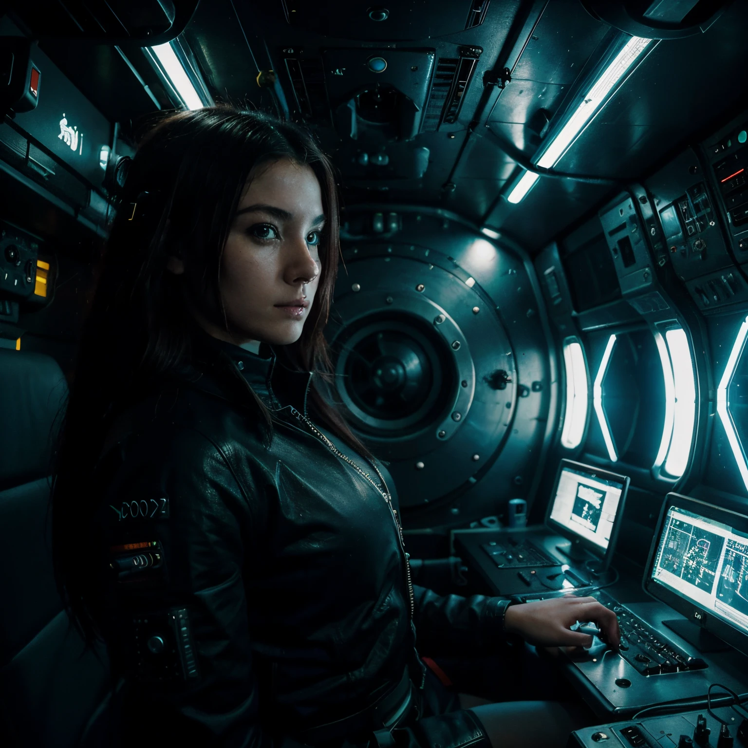 A photograph of a 24 year old cyberpunk girl inside the cabin of her spacecraft.
