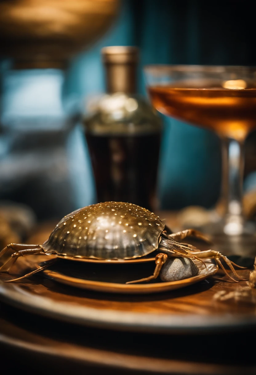 Roasted Thai horseshoe crab、Countless small horseshoe crab eggs spilled over half of the plate...、Thai alcoholic drinks are on the table._There is a Siamese jar and on the rock.。
