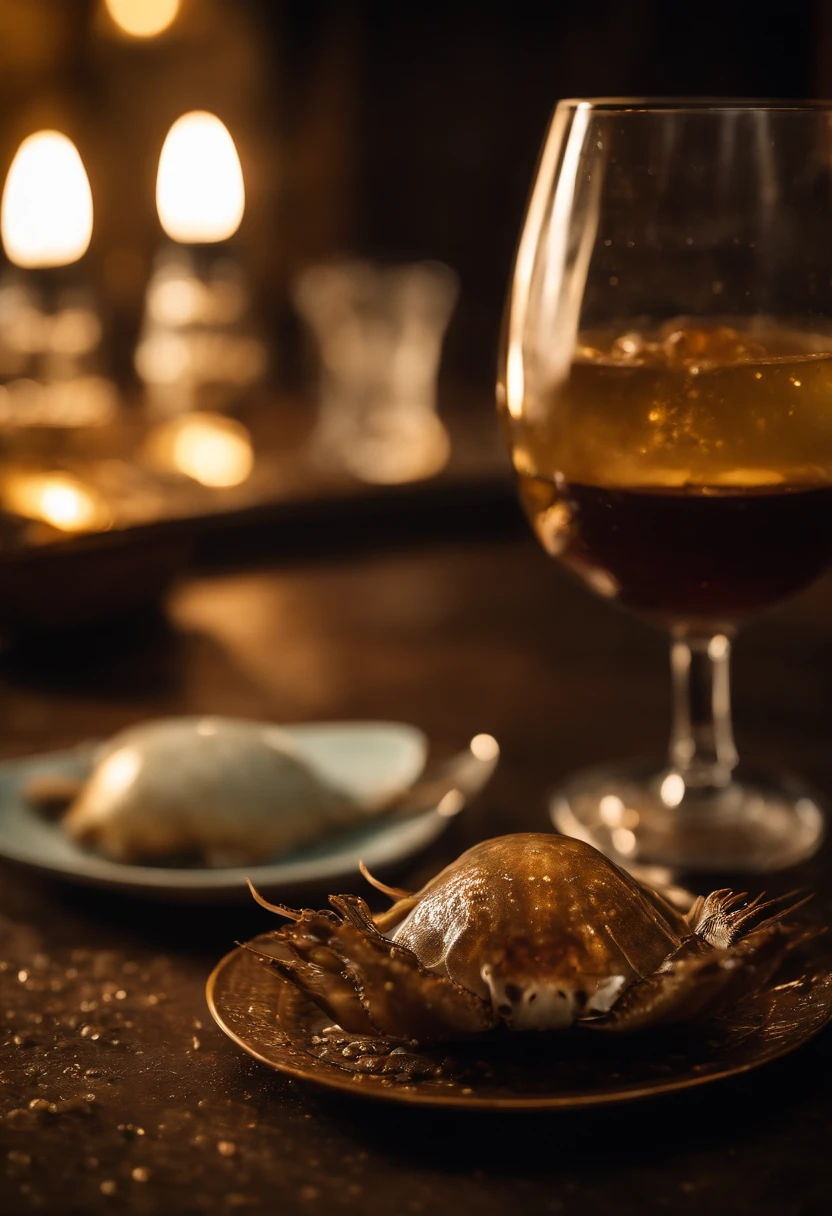 Roasted Thai horseshoe crab、Countless small horseshoe crab eggs are spilling out on half of the plate..、Thai alcoholic beverages are on the table._Siam jar and on the rocks are placed。