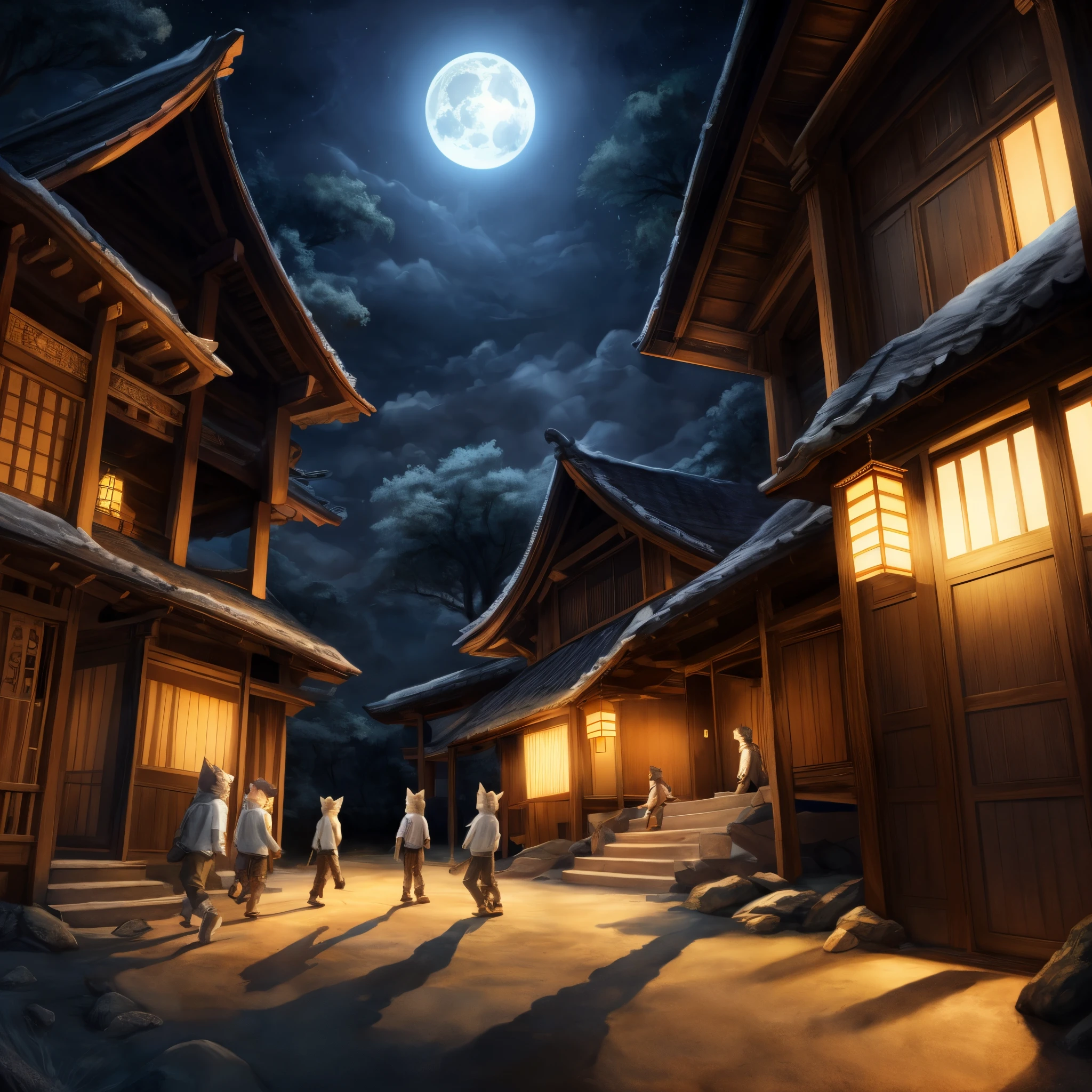 uploaded to e621, top quality, best quality, High-quality illustrations, masterpiece, super high resolution, detailed background, night, japanese house, swaying curtains, moonlight from windows, footprints on the floor, enigmatic presence, 6+boys, 6+girls, absurdres(highly detailed beautiful face and eyes)perfect anatomy, expression, good lighting, cinematic shadow(kemono, furry anthro)assorted poses, dynamic angle,