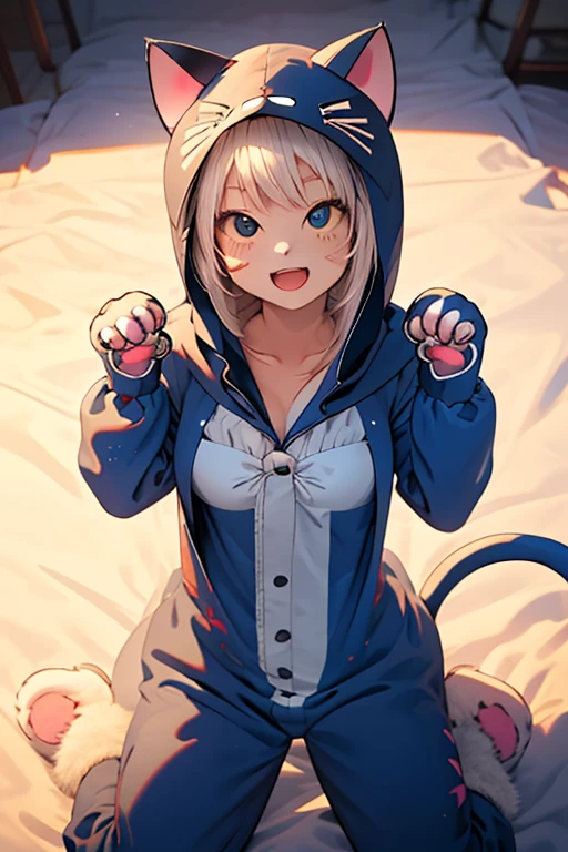 (​masterpiece、top-quality:1.5、a high chroma:1.5、ultra-detailliert、high-resolution illustrations:1.5、Ultra-high-definition CG、8k size wallpaper、offcial art)、(From  above:1.5),(cute  face、:1.5)、(Self-righteous:1.3),
((Cat (Kigurumi):1.8))、((PAW Pose :1.5)),(sit,wariza:1.5)、Laugh,Open mouth, (medium breasts)、
,(Positive 1.5),(Upper body:1.5)、on the bed、girl with,  masutepiece,Cities