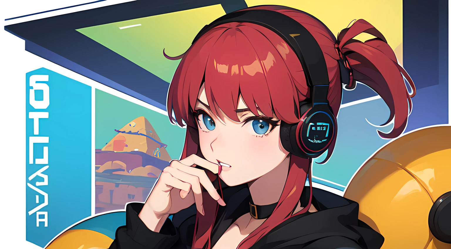 Garota Sexy com fones de ouvido, 2D anime with hand on face, rosto fofo, fanfic, anos 90s hip hop e cenario de festa