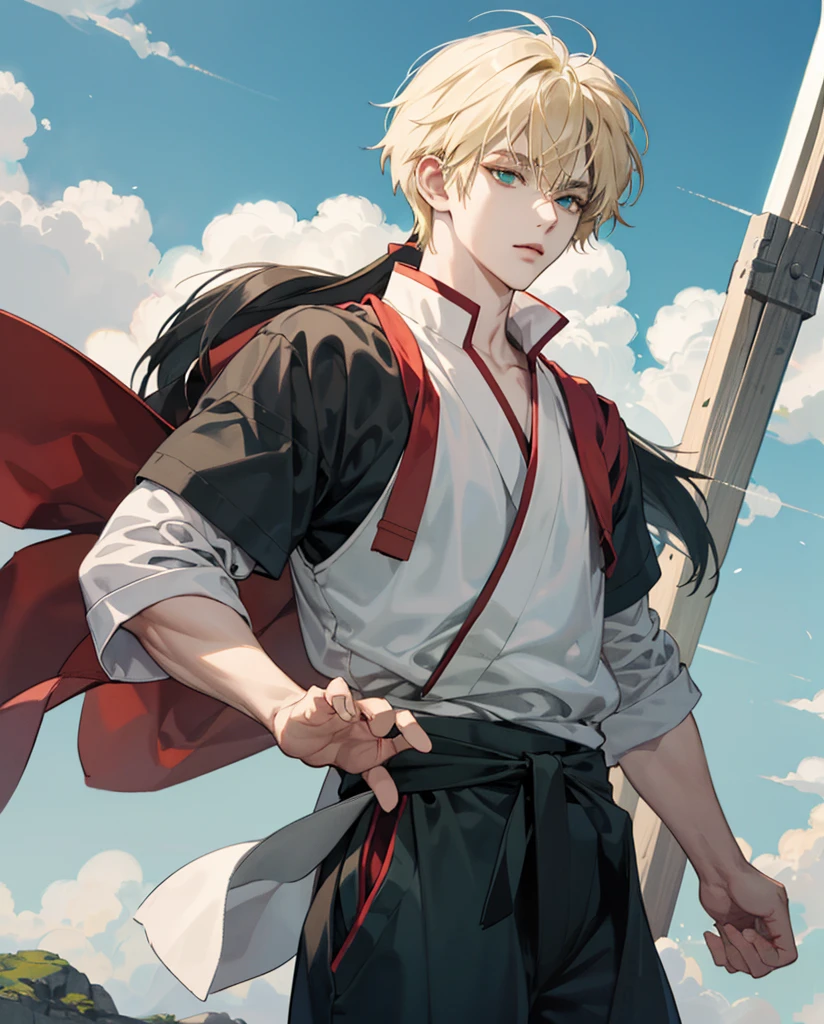 Anime boy, pale skin, blonde shaggy hair, blue/green eyes, in the style of Inuyasha