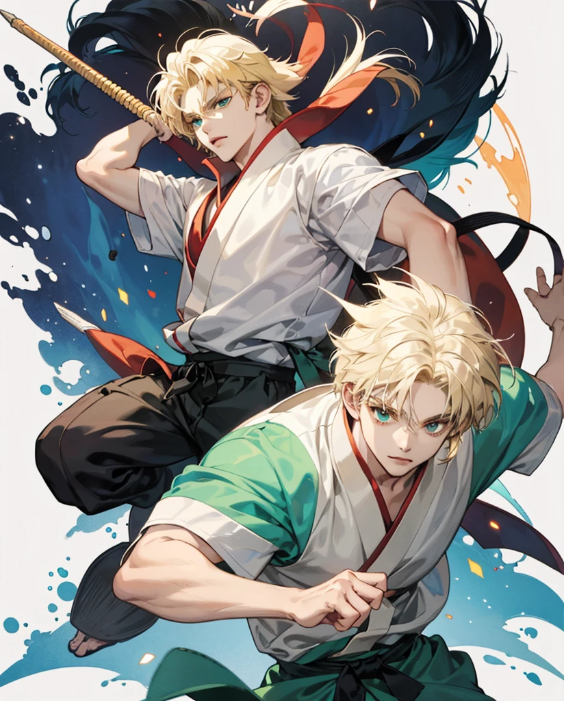 Anime boy, pale skin, blonde shaggy hair, blue/green eyes, in the style of Inuyasha