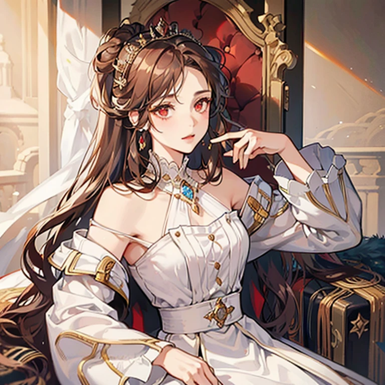1 lady, portrait of the empress, crown, red eyes, brown hair, white dress, royal family, elegant, pretty , front focus, focus eyes, details, sit in throne, mantle, 30 year old lady, castle, charisma